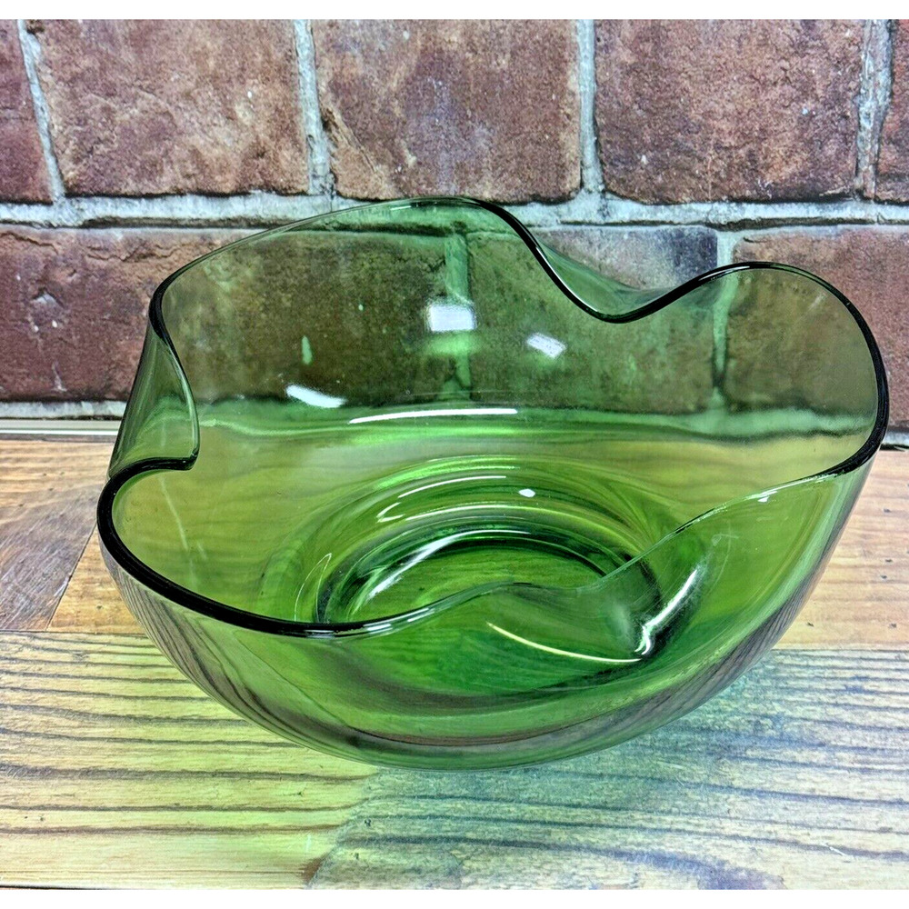 Vintage Anchor Hocking Large Serving Bowl, Accent Modern Forest Green Folded Rim